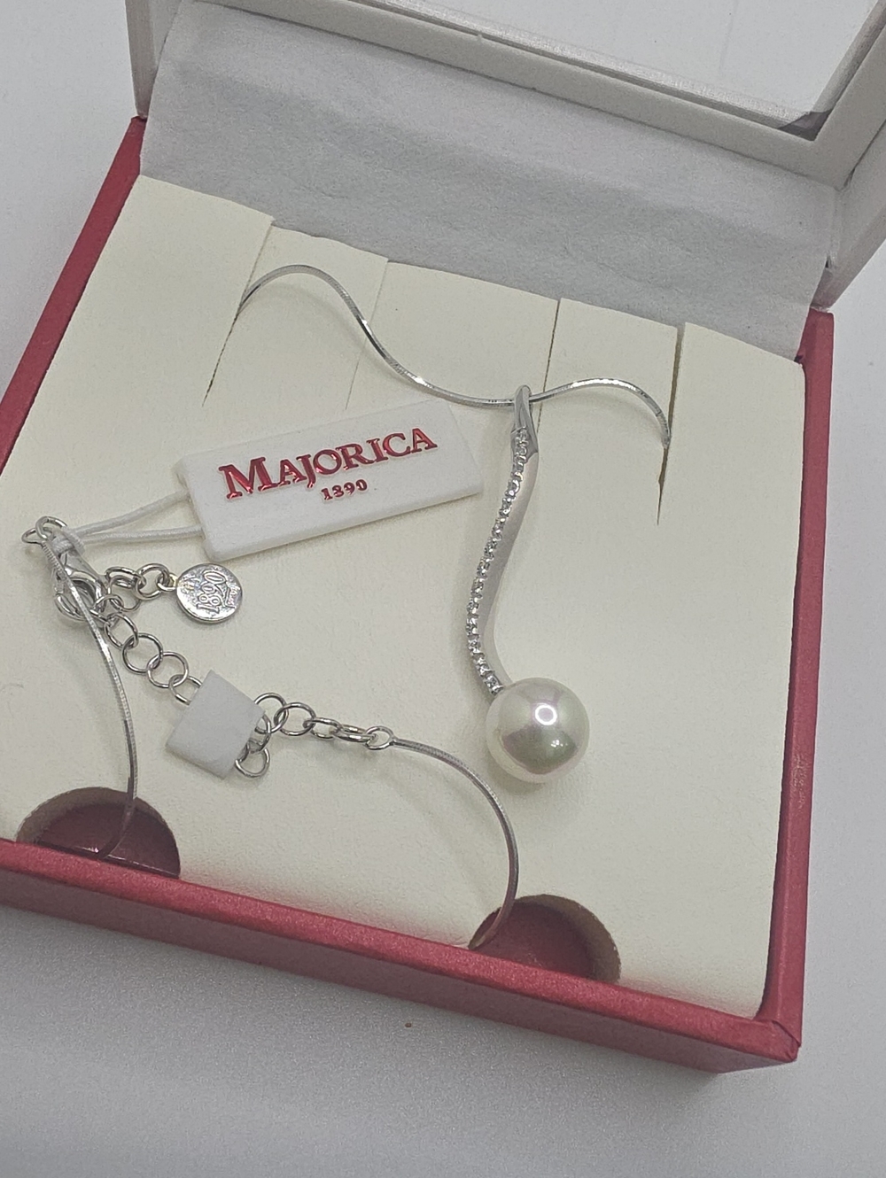 Majorica Sterling Silver Pearl Drop Necklace With White Pearl- Diamond Accents